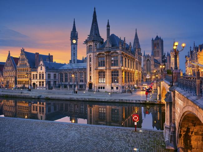 Image of Ghent, Belgium during twilight blue hour.