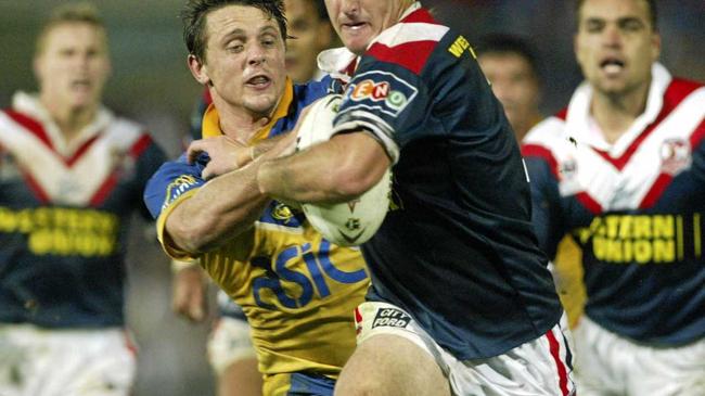 Chris Flannery on his way to the line against the Eels in 2003. Picture: Colin Whelan