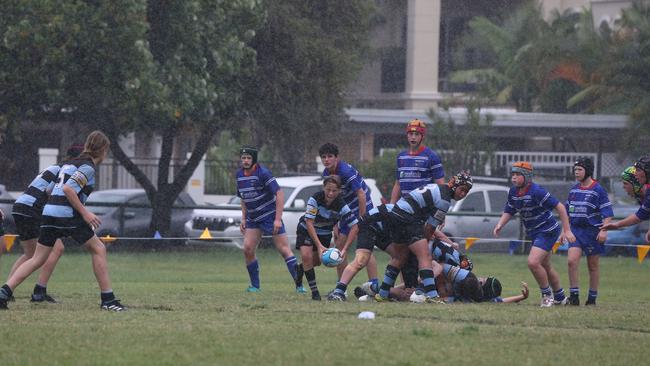 Day 1 of the King of the Country junior rugby union tournament at the Gold Coast Eagles Rugby Union Club.Maroochydore Swans (BLUE AND BLACK) vs USQ Saints (Blue ) Maroochydore Player No USQ Player No Pic Mike Batterham