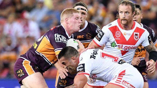 Thomas Flegler of the Broncos has not earned the Shane Webcke comparisons just yet. Picture: Bradley Kanaris/Getty Images