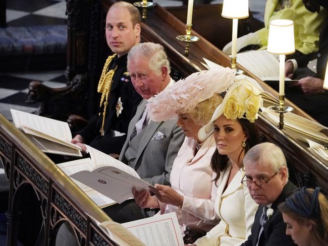 Prince William, Prince Charles, Camilla Duchess of Cornwall, Kate Duchess of Cambridge, Prince Andrew and Princess Beatrice at the wedding. Picture: AP