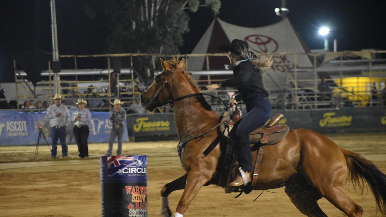 2021 Warwick Rodeo Princess Savannah Halley competing in the opening round of ladies' barrel racing at the 2021 Warwick Rodeo.