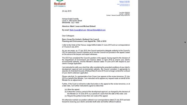 A Redland City Council letter stating the council “considered it appropriate to abandon its refusal and no longer contend for a refusal.