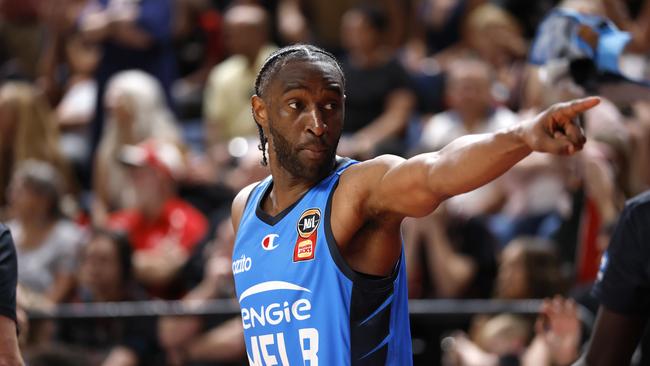 WOLLONGONG, AUSTRALIA - MARCH 08: Ian Clark of Melbourne United points at a fan during game one of the NBL Grand Final Series between Illawarra Hawks and Melbourne United at WIN Entertainment Centre, on March 08, 2025, in Wollongong, Australia. (Photo by Darrian Traynor/Getty Images)