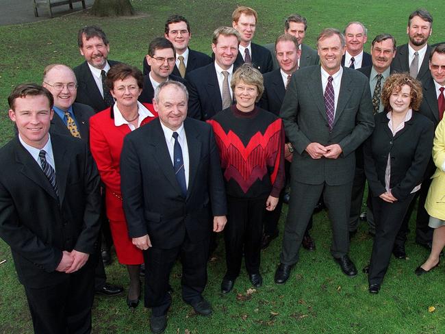 Politics Election Portrait, Liberal Party leader Bob Cheek with the Liberal Party candidates, from left, FRONT row William Hodgman Derek Smith Jan Kuplis Party Leader Bob Cheek Angela Davern Denise Swan CENTRE Brett Whiteley Sue Napier Martin McManus Mark Baker Peter Gutwein Stephen Wilson Ray Williams Jeremy Rockliffe Anita Bromfield BACK Jeff Briscoe Steven Mav Matt Woolnough Russell Anderson Michael Hodgman David Fry Rene Hidding Peter Upton and Mike Downie