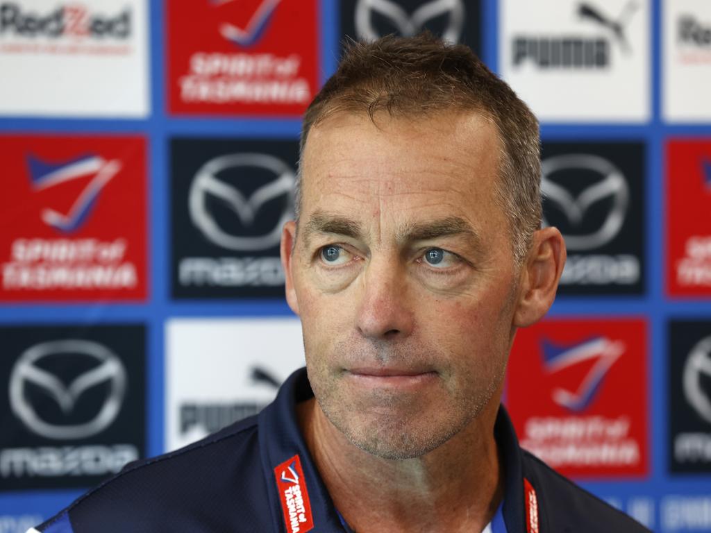 Former Hawthorn and current North Melbourne coach Alastair Clarkson speaking to the media on Thursday, following two days of mediation. Picture: Darrian Traynor/Getty Images.