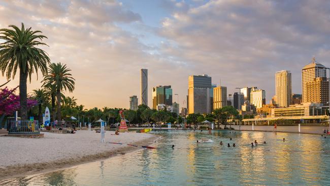 The sun sets over Brisbane’s Southbank, highlighting the CBD skyline. Photo: Getty Images.