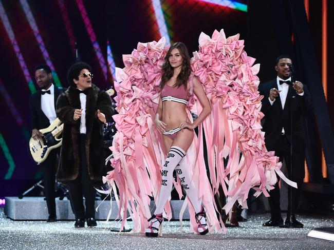 Bruno Mars performs as Grace Elizabeth walks the runway during the 2016 Victoria’s Secret Fashion Show on November 30, 2016 in Paris, France. Picture: AFP