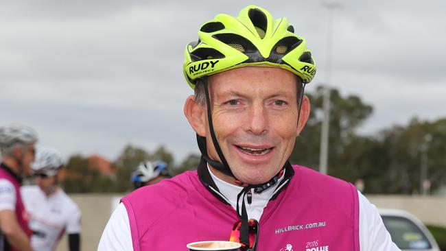 Former PM Tony Abbott joins other politicians as they head off from outside Parliament House, Canberra, on the 1000km Pollie Pedal 2016 charity ride. Picture: Ray Strange.