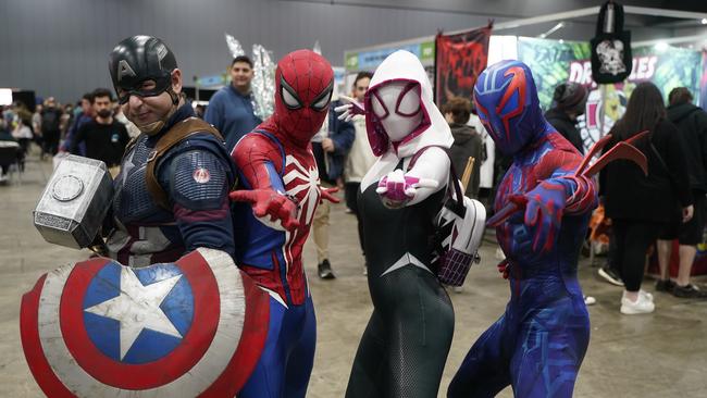 Cosplayer Bianca Bella (Spider Gwen) and her friends Julian Pillirone, Christian Pillirone, Baxter Wardan at the Oz Comic Con held at Melbourne Exhibition and Convention Centre. Picture: Valeriu Campan
