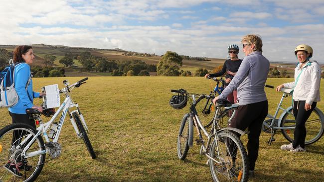 Lynn Cameron takes a rest from her Riesling Trail efforts with local riders Jane Olsen, Susan Cunningham and Lisa Ziersch. Picture: Russell Millard