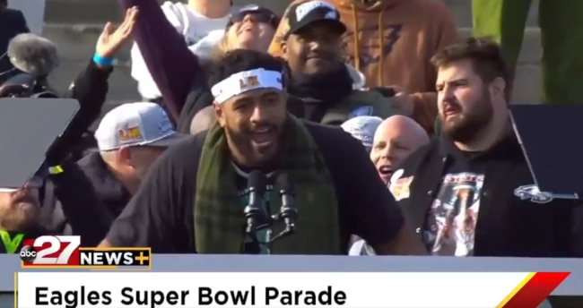 Jordan Mailata belted out iconic Queen song We Are the Champions during the Eagles’ Super Bowl parade. Image: X