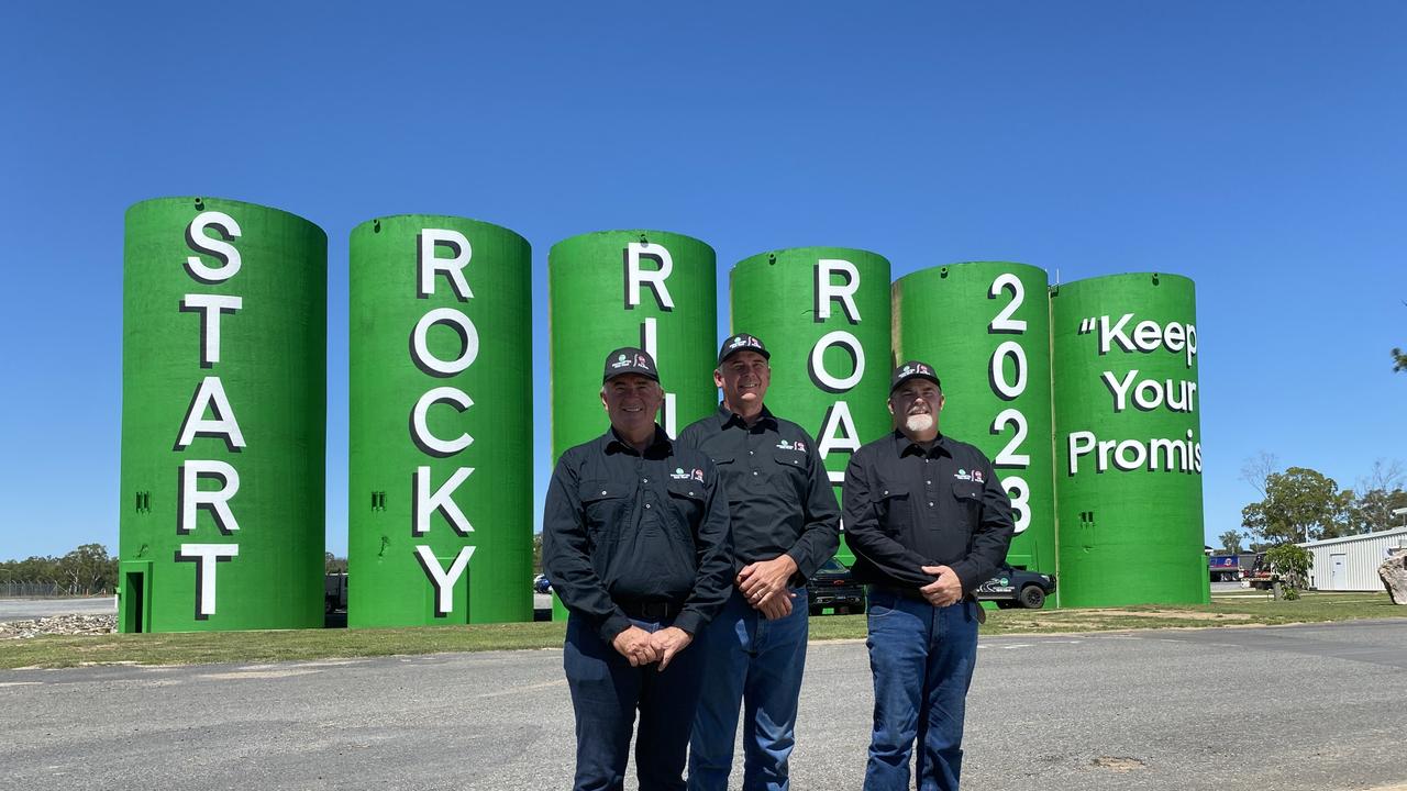 Grantley Jack, Jason Thomasson and Jack Trenaman from the Start Rockhampton Ring Road group in front of the then-newly painted silos at Parkhurst.