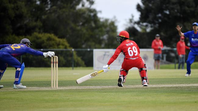 Kookaburra MenÃ¢â¬â¢s Premier Firsts Cricket: Round 1: Frankston Peninsula 1st XI vs Casey South Melbourne 1st XI, played at Jubilee Park, Frankston, Victoria, Saturday 5th October 2024. Casey South Melbourne player Daud Malik stumped out by Frankston peninsula keeper Sean van Wijk. Picture: Andrew Batsch