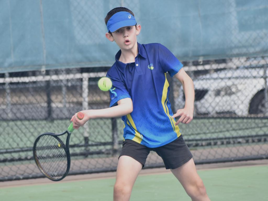 Players on court at the JDS Central Region tournament at the Rockhampton Regional Tennis Centre on July 14, 2024.