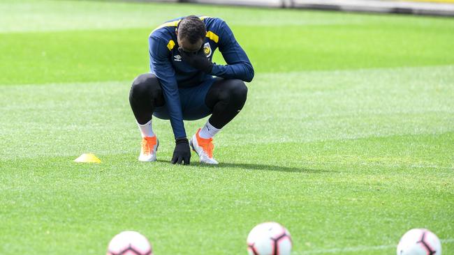 Usain Bolt visibly struggled during his early training sessions with Central Coast Mariners. Picture: AAP