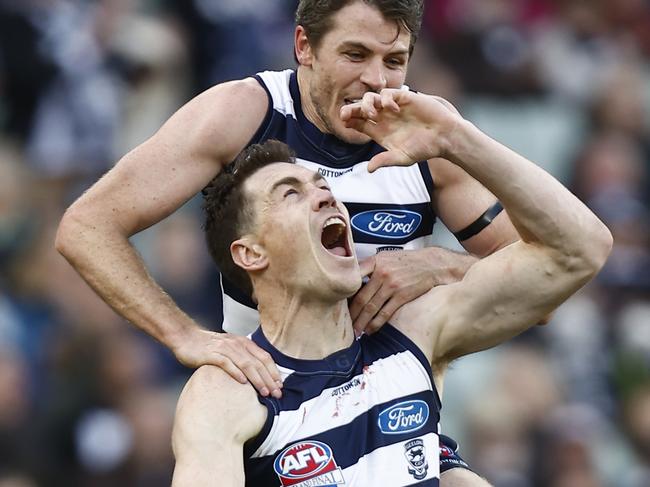 Jeremy Cameron’s creeative goal celebration in the last quarter. Picture: Darrian Traynor/AFL Photos/via Getty Images