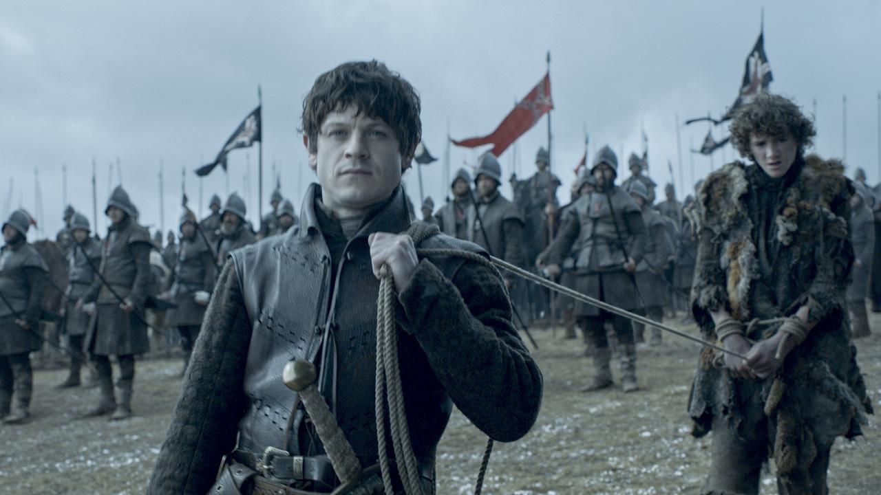 Ramsay Bolton leads his prisoner Rickon Stark onto the battlefield in season 6.