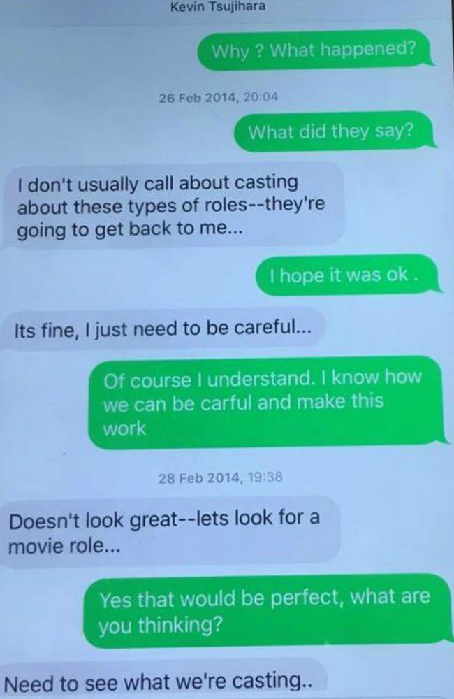 A text message exchange between Charlotte Kirk and Kevin Tsujihara in February 2014. Picture: supplied