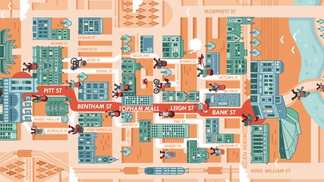 A map showing the revamped laneways connecting the riverbank to Adelaide Central Market.