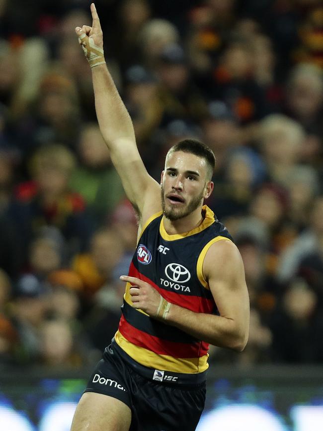 Lachlan Murphy celebrates a goal against the Cats. Picture: Sarah Reed