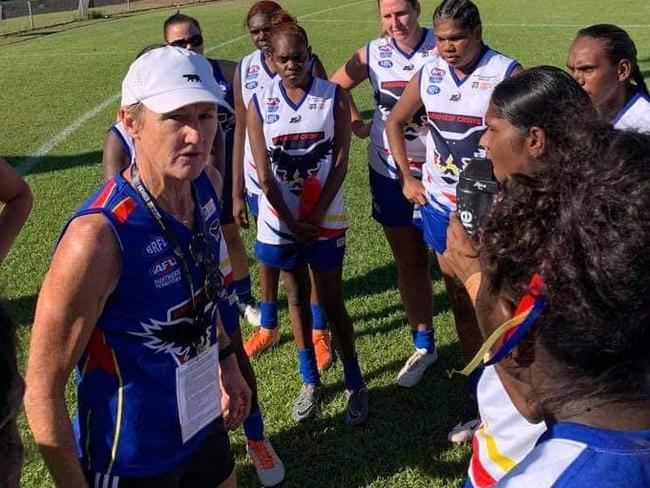 Colleen Gwynne while coaching the Arnhem Crows in the 2020 BRFL.