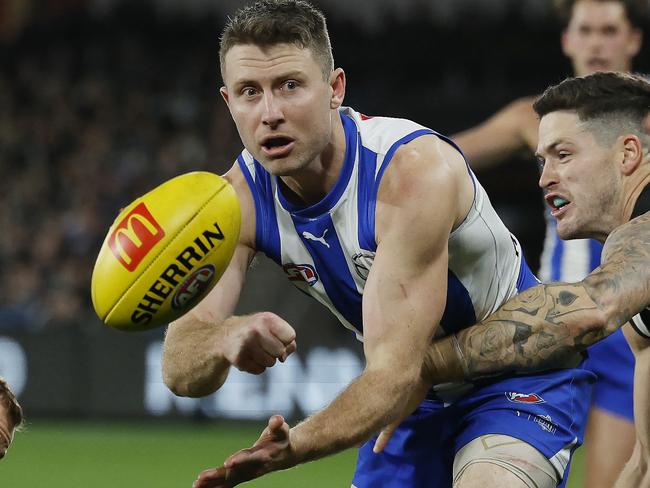 MELBOURNE, AUSTRALIAÃ June 16, 2024.  AFL Round 14. North Melbourne vs Collingwood at Marvel Stadium.    Liam Shiels of the Kangaroos      . Pic: Michael Klein