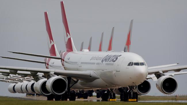 Qantas aircraft parked at Avalon Airport, where they are likely to remain for the next year. Picture: Stuart McEvoy