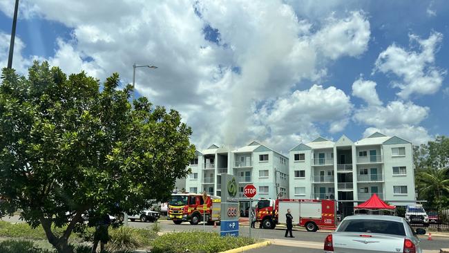 Firefighters respond to smoke billowing out of a unit on Mannikan Ct, Bakewell, Palmerston Sunday, November 10. Picture: Melanie Plane