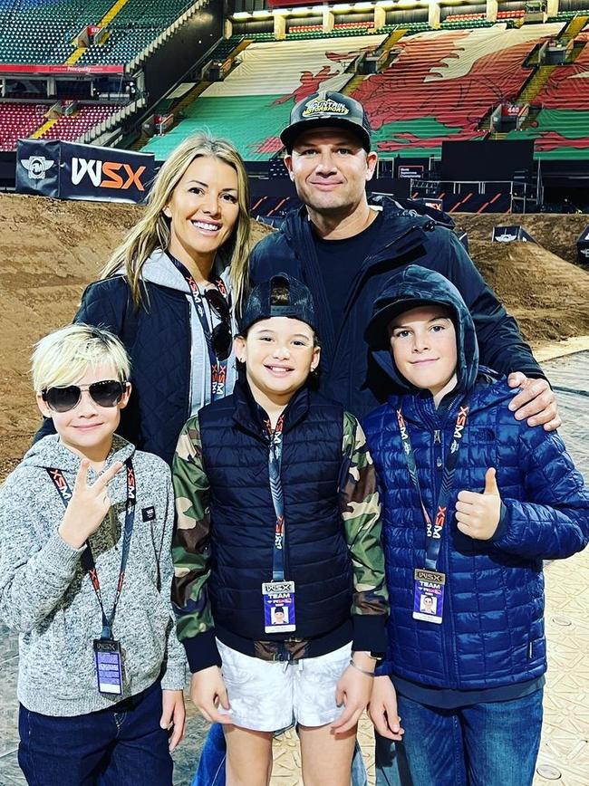 Former world champion Chad Reed (right) with his wife Ellie and their three children before the British Grand Prix event. Picture: @mrstwotwo on Instagram