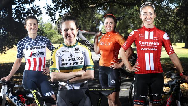 CYCLING - WTDU - Reigning Australian Women's Road Race Champion Amanda Spratt in her national jersey - with Ruth Winder, Chloe Hosking and, Leah Kirchmann. Picture Sarah Reed