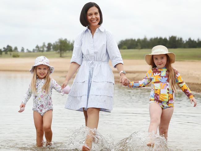 Neave Batt, 3, Prue Car and Violet Tickner, 5 at the new swimming spot in Penrith which will open in time for summer holidays. Picture: Rohan Kelly