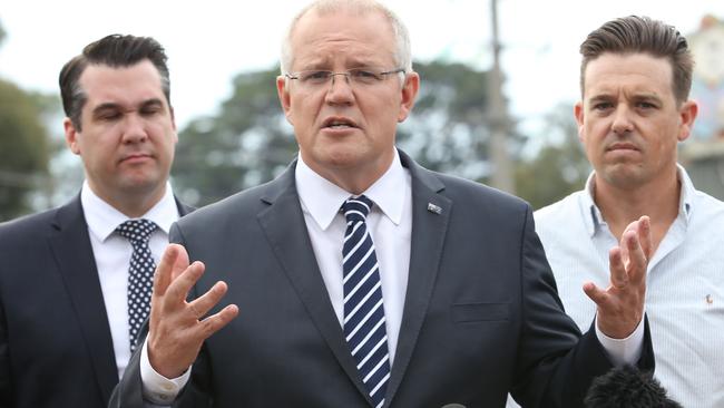 Michael Sukkar (L) with Scott Morrison at Daisy’s Garden Supplies in Deakin. 