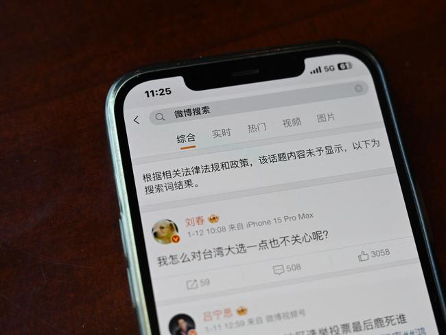 A mobile phone screen shows a blocked Weibo page about Taiwan’s election. Picture: Greg Baker/AFP