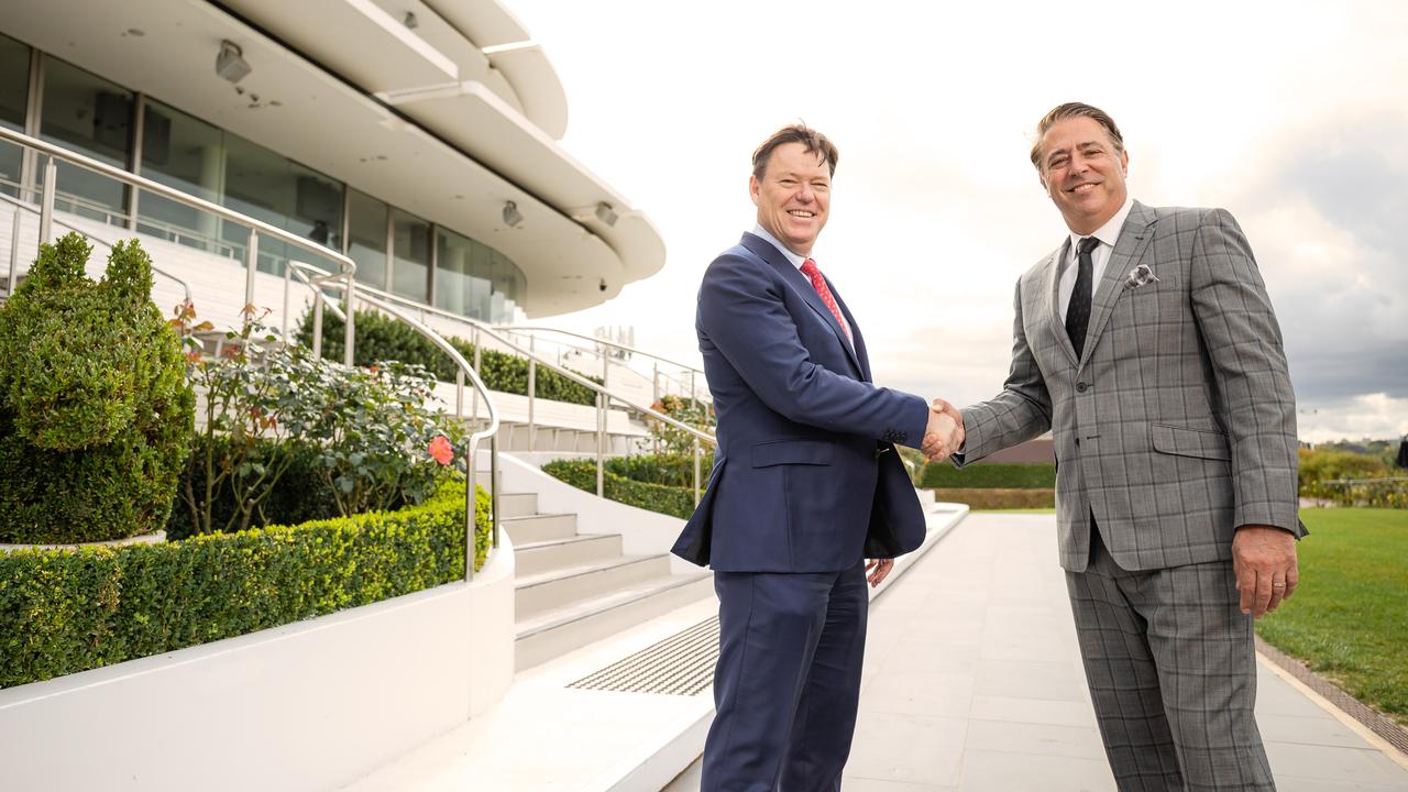 Crown Resorts CEO Steve McCann, left, and Victorian Racing Club CEO Steve Rosich. Crown is the VRC’s new hospitality services partner. Picture: Jason Edwards