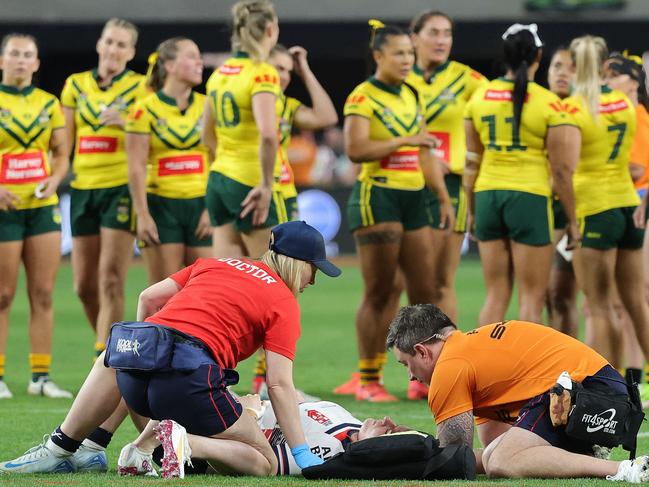 Vicky Whitfield had to be stretchered from the field. Picture: Ethan Miller/Getty Images/AFP