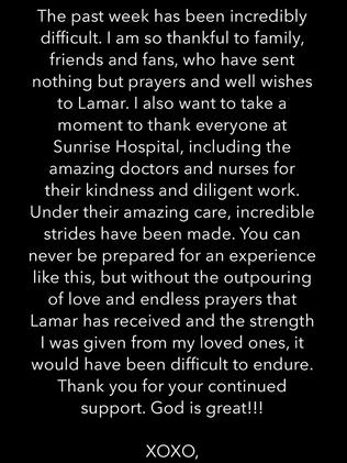 Khloe’s message of thanks on her website.