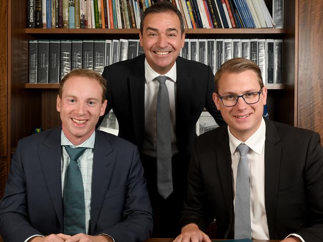 State Liberals Party leader Steven Marshall flanked by his new frontbench members David Speirs and Stephan Knoll.