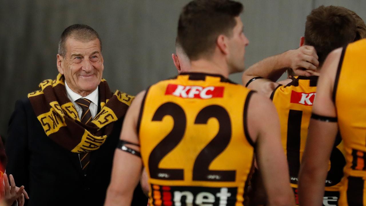 Jeff Kennett watches his players after taking on the Western Bulldogs at Marvel Stadium on Thursday night. Picture: Michael Willson/AFL Photos via Getty Images