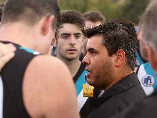 NFL (Division 3): Banyule v st MarysSt Mary's coach Con Borg talk to his players.Picture: Stuart Milligan