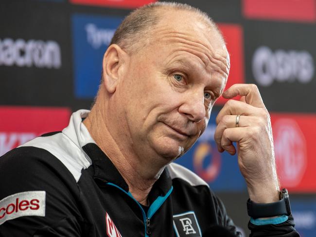 ADELAIDE, AUSTRALIA - SEPTEMBER 18: Port Adelaide Power coach Ken Hinkley speaks to the media during a media opportunity at Alberton Oval on September 18, 2024 in Adelaide, Australia. (Photo by Mark Brake/Getty Images)