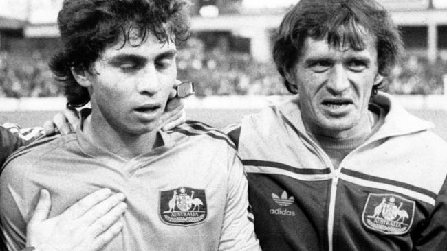 Australia’s then assistant coach Attila Abonyi (R) with player Frank Farina after game against Juventus at the Sydney Cricket Ground (SCG) in 1984. Picture: Peter Muhlbock