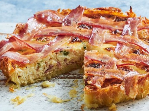 Hash brown-crusted carbonara quiche.