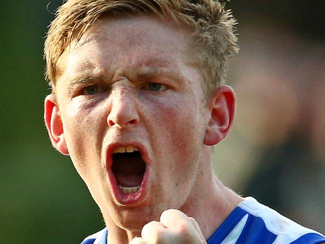 AFL Round 20 - Kangaroos v St Kilda at Blundstone Arena Hobart , Jack Ziebell celebrate's a goal.  Tasmania. 15th August 2015. Picture: Colleen Petch.