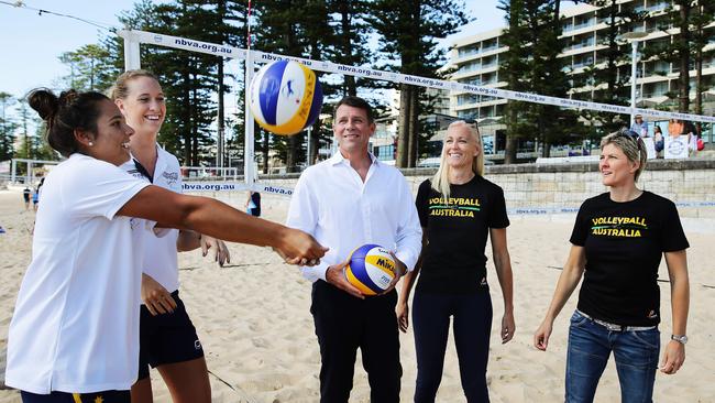 NSW Premier Mike Baird joins Sydney 2000 Olympic gold medalists, Kerri Pottharst and Natalie Cook(R), for the media announcement of the biggest beach volleyball event in Australia since the Sydney Olympics. Also pictured from left are Mariafe Artacho del Solar, and Nicole Laird. Picture: Braden Fastier