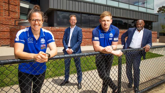 L to R Emma Kearney, Cam McLeod, Jack Ziebell, Ben Amarfio. North Melbourne Football Club announcement about redevelopment and funding. Picture: Mark Stewart