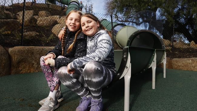 Sisters Bonnie Lyon 10 and Belle Lyon 9 who wrote letters to the City of Hobart to campaign for a new slide at Parliament Street Reserve in Sandy Bay. Picture: Nikki Davis-Jones