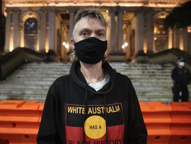 Protestor, Rachel Evans poses for a photo outside the Town Hall. Picture: David Swift