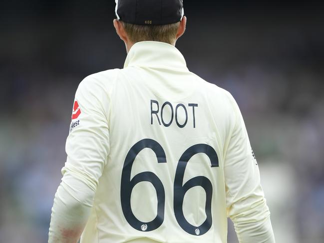 BIRMINGHAM, ENGLAND - AUGUST 01: The squad number 66 is shown on the back of the shirt of captain Joe Root during day one of the First Specsavers Ashes Test Match between England and Australia at Edgbaston on August 01, 2019 in Birmingham, England. (Photo by Stu Forster/Getty Images)