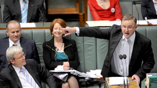 That was then: Prime Minister Kevin Rudd, Finance Minister Lindsay Tanner and Deputy Prime Minister Julia Gillard listen to Infrastructure Minister Anthony Albanese during Question Time in 2009.